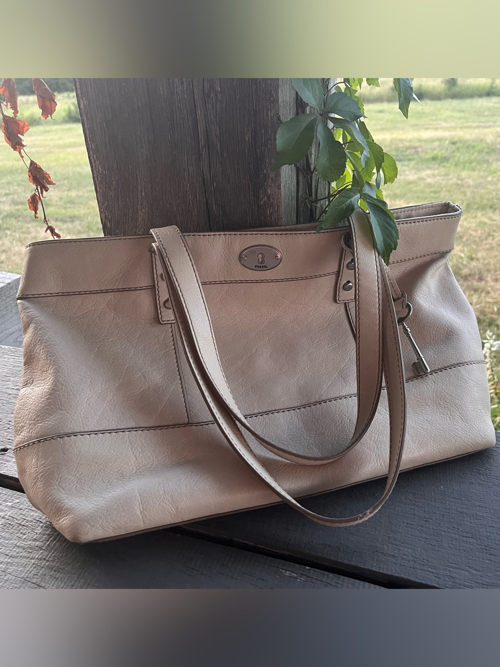 Fossil Taupe Leather Shoulder Tote with Key Charm